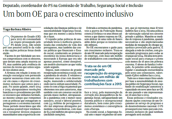 Artigo: um bom OE para o crescimento inclusivo 