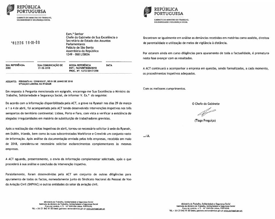 Resposta sobre a situação laboral na Ryanair